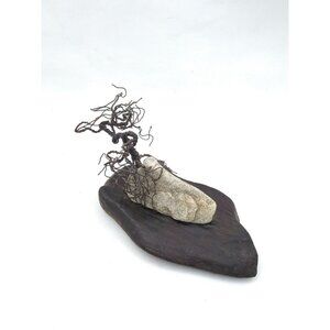 Handmade brutalist abstract modernist Metal Bonsai tree on rock & wood Artwork